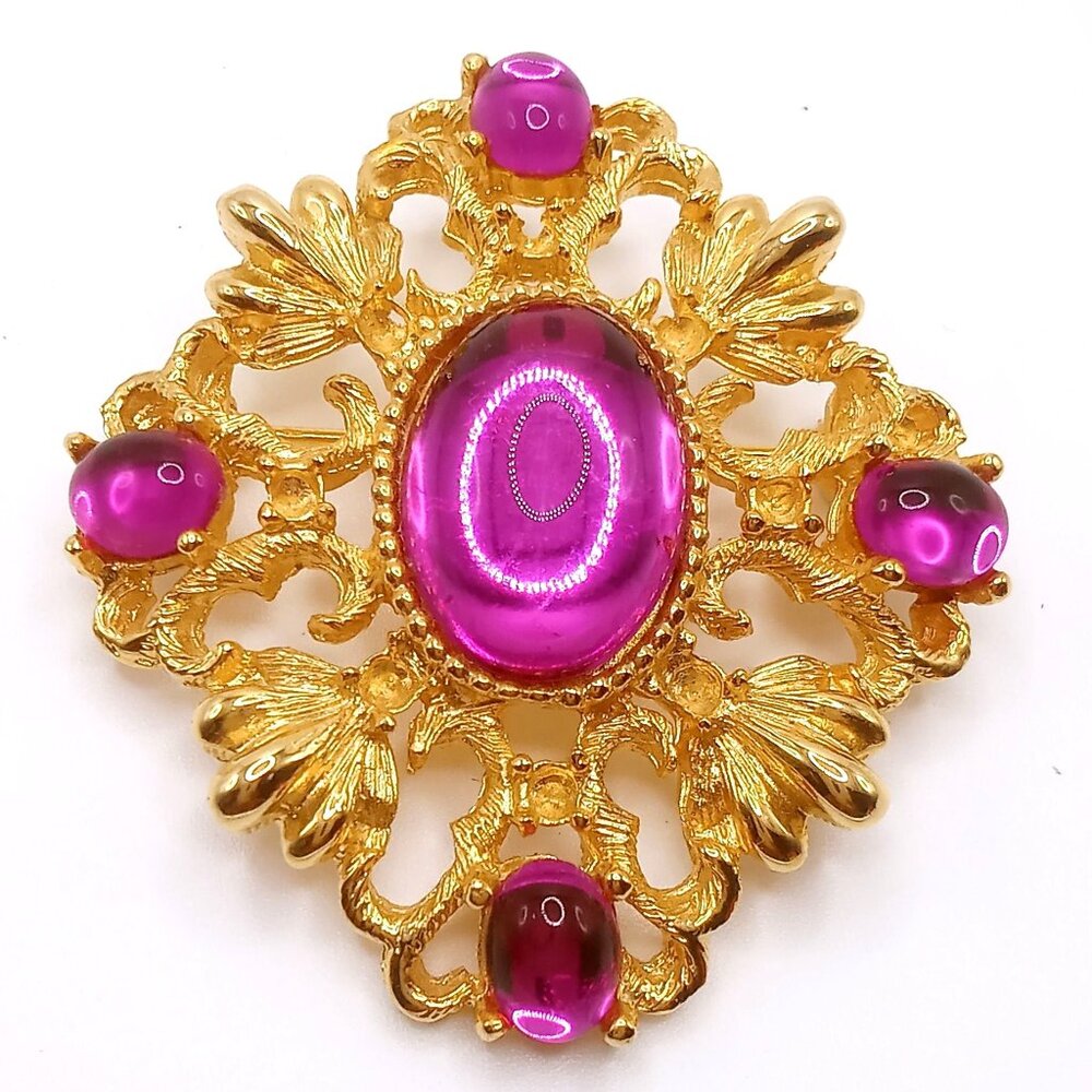 Vintage Brooch Victorian Style Gold-Tone Metal Jelly Belly Purple Cabochon Pin
